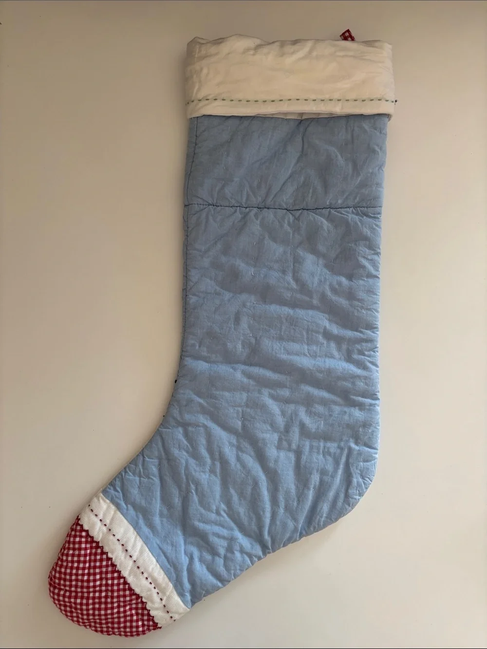 Pottery Barn “Rachel” Embroidered Santa Ski Holiday Stocking - Light Blue & Red